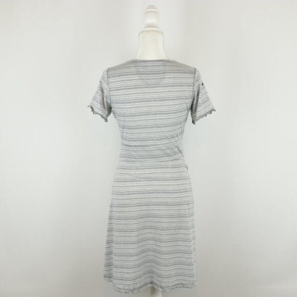 Exofficio Women's XS Gray White Striped V-Neck Short Sleeve Knit Jersey Dress - Picture 3 of 9